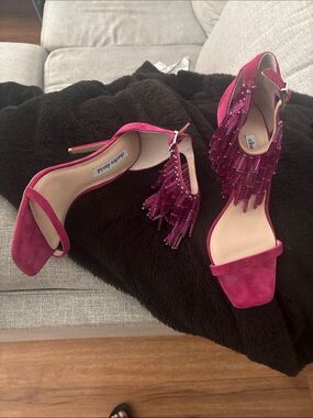 Charles David Pink Beaded Fringe Suede Heels